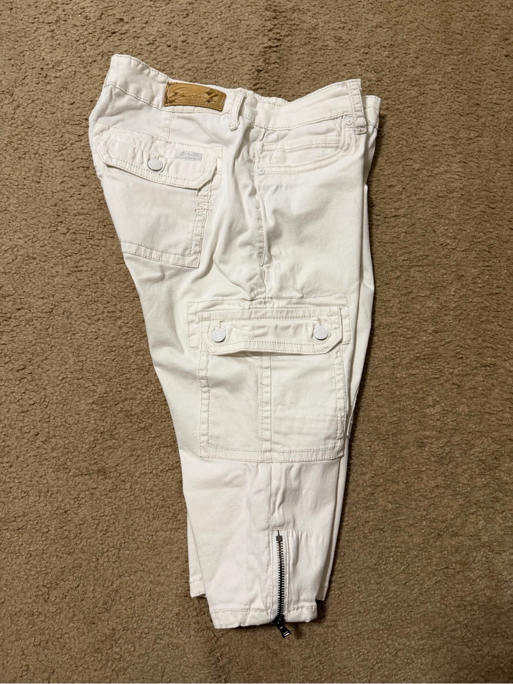 Seven7 White Denim Cargo Capris with Leather Logo Patch
